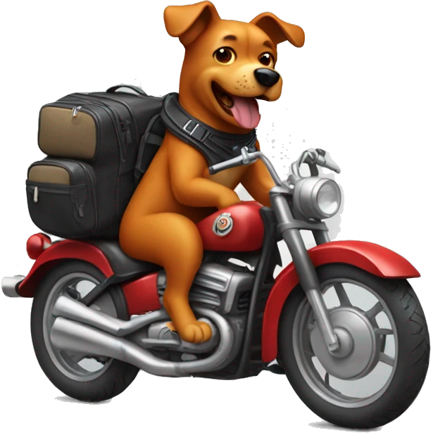 red dog with a backpack rides a motorcycle emoji