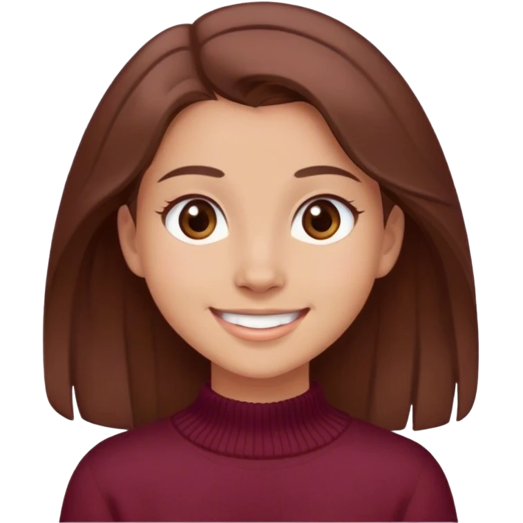 A girl with brown hair smiles, gray-brown eyes, wearing a burgundy sweater emoji
