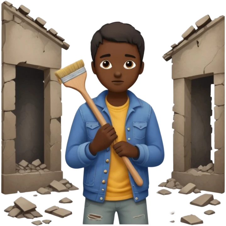 Character brushing dust off themselves as ruins fall behind emoji