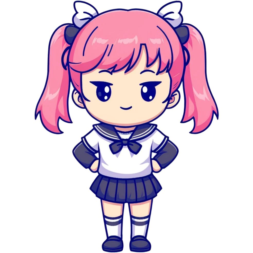 Adorable anime schoolgirl with pink twin tails and big eyes wearing sailor uniform, cute chibi style emoji