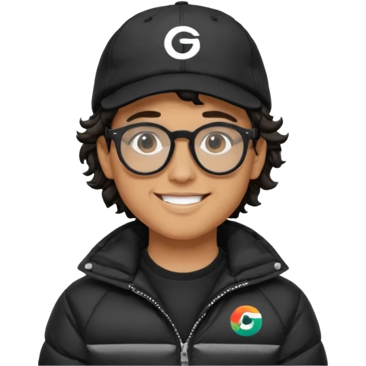 Young man wearing a black puffer jacket, black baseball cap with a small logo, round black glasses, wavy hair peeking out from under the cap, smiling. use dropcourse logo for cap and colouring for the puffer jacket emoji