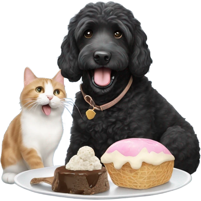 Black labradoodle licking ice cream with a fat grey and white cat beside him emoji