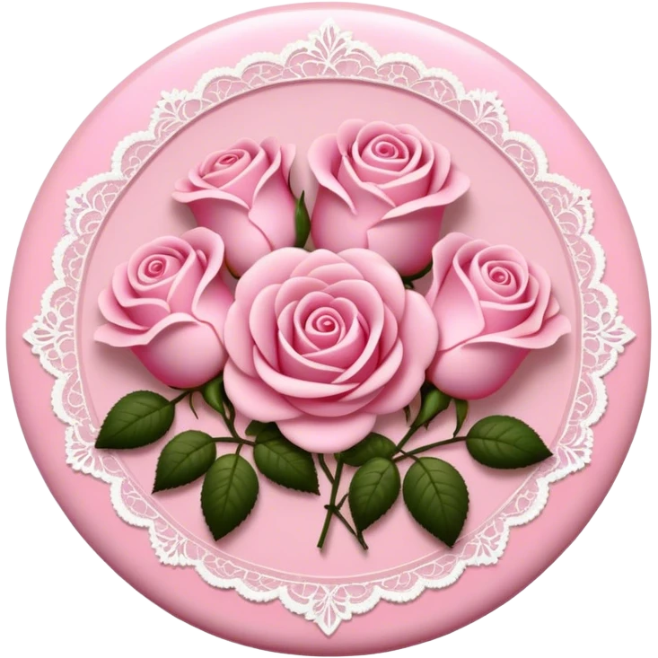 A round pink button with light cream damask lace and pink roses emoji