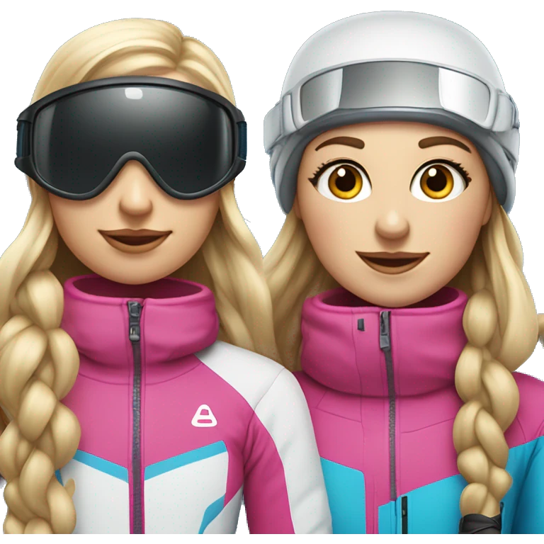 Blonde girl with long ponytail and girl with long brunette wavy hair in ski clothing and ski googles emoji