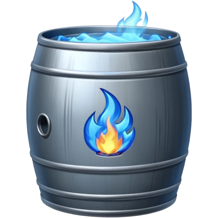 generate a realistic rust-free metal barrel with blue fire on it emoji