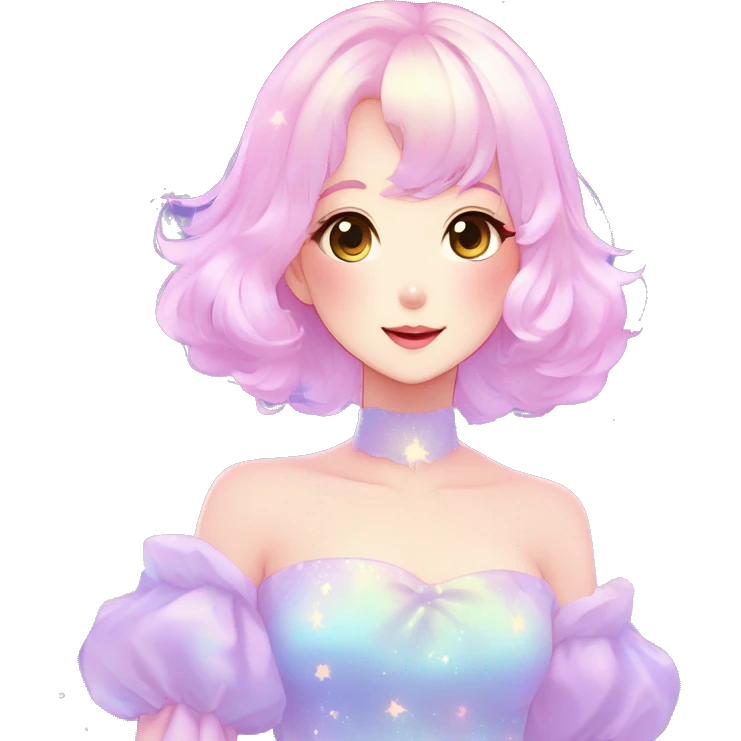 Gorgeous pastel anime style lady blushing nebula-gradient-sparkle face dreamy idol model colorful shiny stars galaxy kawaii cottagecore pearly petite simplistic aesthetic trending style emoji