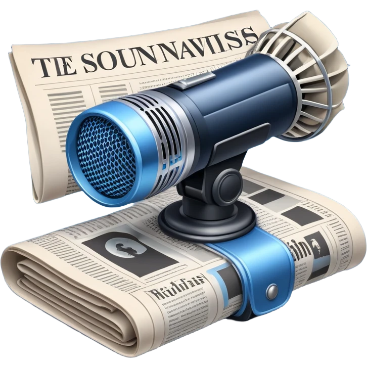 An icon featuring a microphone, a newspaper, and a camera, representing journalism and mass media. The design includes soundwaves and headlines, symbolizing the spread of information and news. Transparent background highlights the power of communication and media. emoji