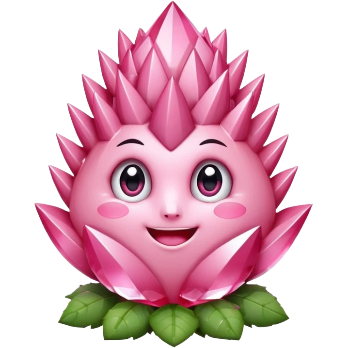 A single cute pink crystal cluster character, chunky round base with many tall rose-pink crystal spikes growing upward like a quartz cluster, faceted and slightly imperfect, on the front of the base a kawaii face with big shiny eyes and a happy open smile emoji