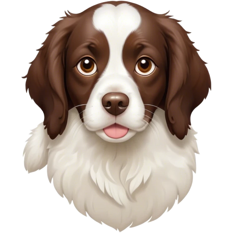 Cinematic Cute Springer Spaniel Portrait Emoji, Head tilted playfully and inquisitively, featuring a vibrant Fur of liver and white with a natural sheen, round, sparkling brown eyes filled with curiosity, Simplified yet irresistibly adorable features, highly detailed, glowing with a warm, friendly glow, high shine, affectionate and lively, stylized with a touch of whimsy, bright and endearing, soft glowing outline, capturing the essence of a mischievous yet loving pup, so playful it feels like it could frolic out of the screen and into your arms! emoji