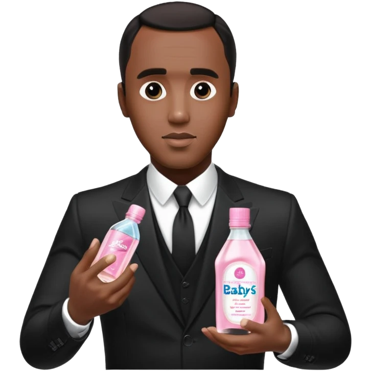 A realistic product shot of a transparent bottle of Johnson’s Baby Oil by Johnson & Johnson, featuring a soft pink label. The oil inside is crystal clear and glossy. Sean "Diddy" Combs in black suit is holding the bottle emoji