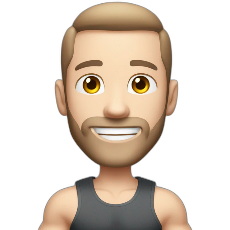 Close up Actively gesturing  with hands Pale skinned Fit Man With the biceps and brown hair in dark gray Sleeveless Mike, black oversize sports shorts, watch and white Sneakers emoji