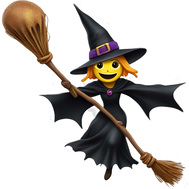 Scarry witch, flying to the right on a broom, throwing candy. emoji