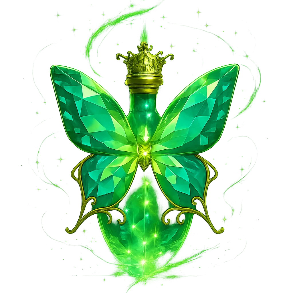 Add maximum magical energy effects around the butterfly, with swirling, floating sparkles and glowing effects, inspired by the most magical elixir bottles. The butterfly must stay exactly the same, only the magical effects around it should be intensified. Transparent background, no shadow or base. emoji