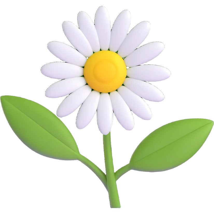 a daisy flower with white petals, yellow center, green leaves emoji