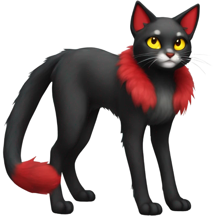 black Shiny Fionbri-Falvie-sparkle-feline-sona with yellow eyes, red edgy markings full body fursona emoji