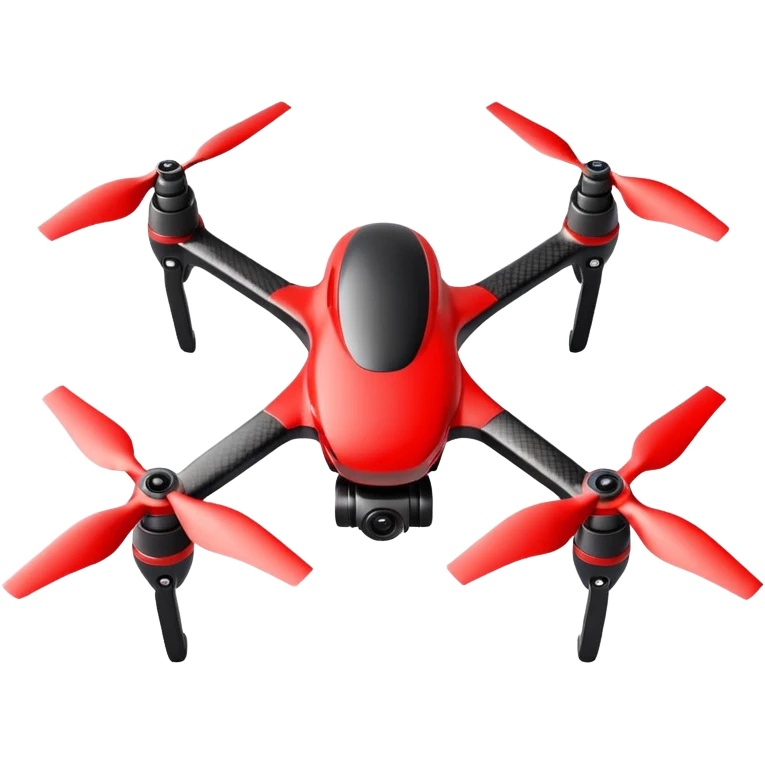 Racing drone sticker, fast FPV drone, sporty design, red and black color, dynamic pose, motion effect lines, flat vector style, bold outline, transparent background emoji