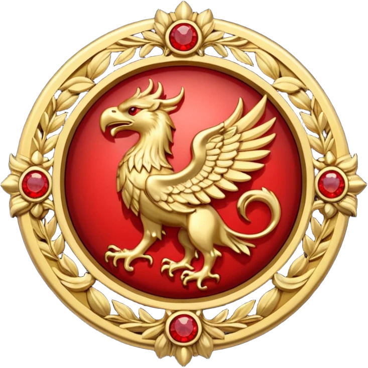 Golden griffin crest / brosch in a circle with red gems and no background emoji