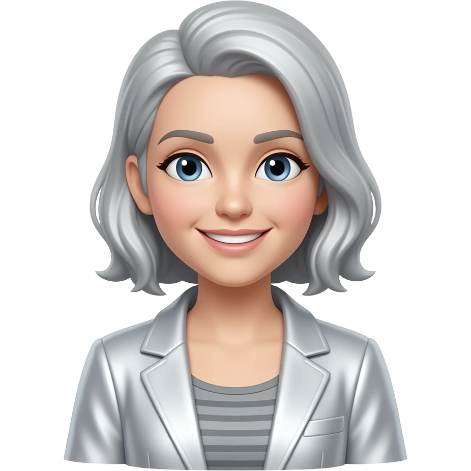 Create an emoji of a seated female figure in metallic silver. The woman is smiling. The background is white. The final result must have maximum resolution, high contrast, and extreme sharpness. Illustration style: Vintage – Art Deco – 2D emoji