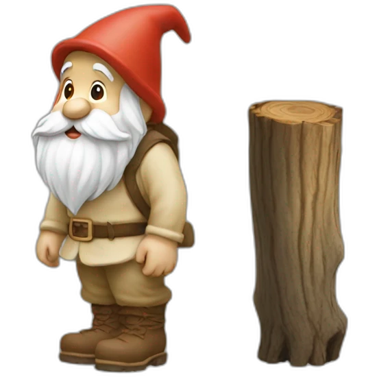 side view of gnome with light tan pants and light tan boots squatting next small brown log emoji