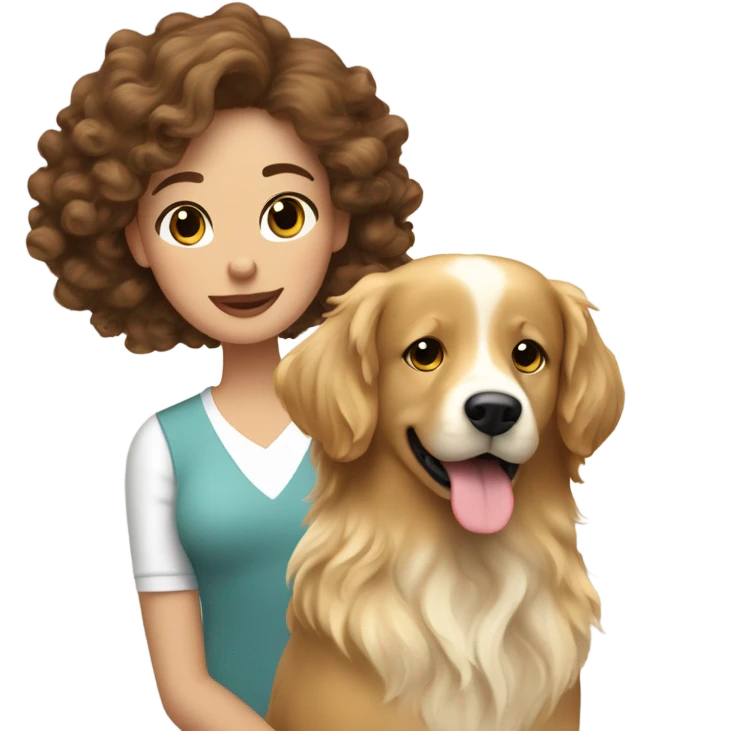 Long bouncy blow dry, brown haired woman and her English cream golden retriever curly haired dog emoji
