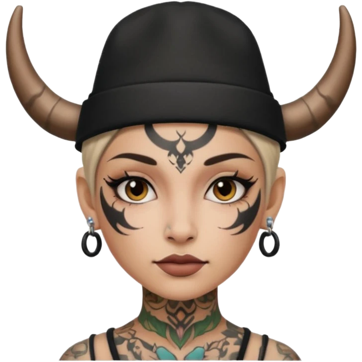 Woman with small horns — black hat, face tattoos emoji