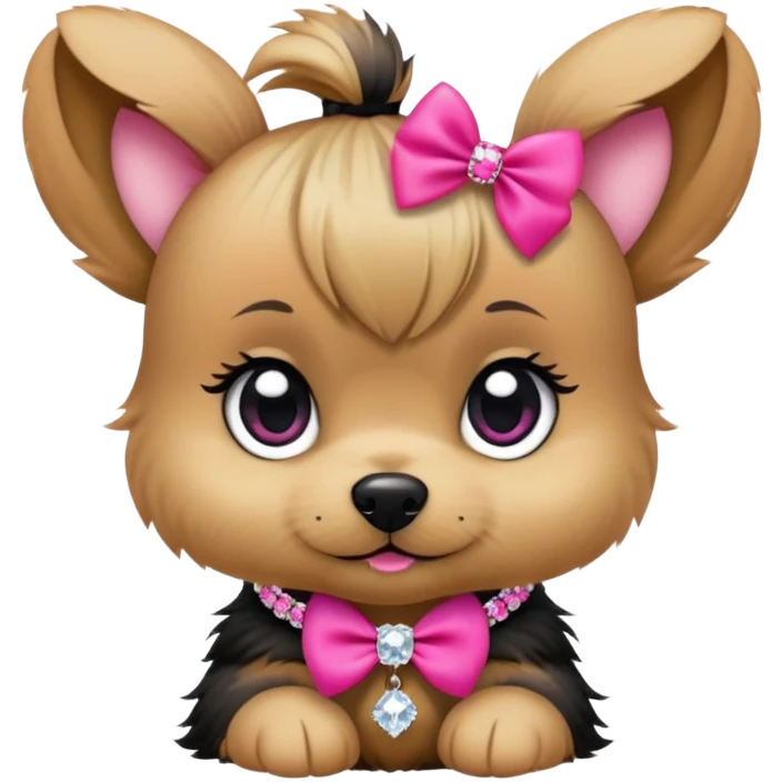 Yorky puppy with short face, big eyes topknot with hot pink bow and rhinestone necklace pink diamond emoji