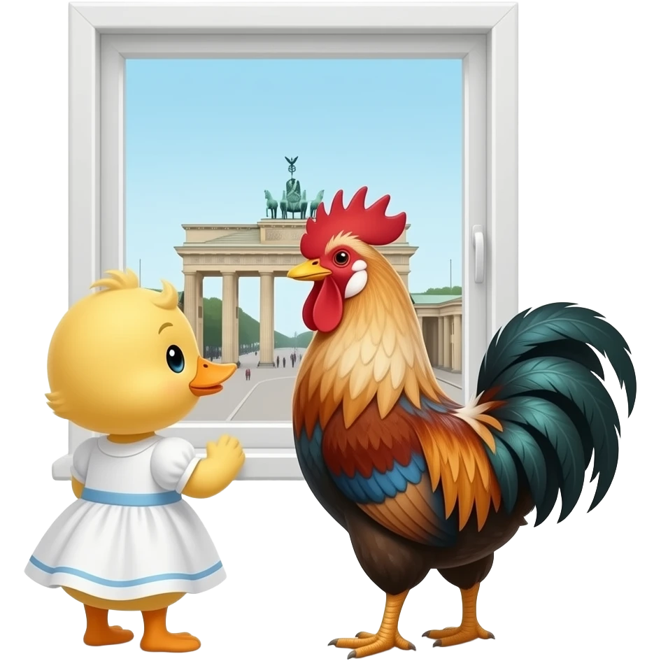 Babyente auf ner Reise im ICE Zug und neben ihr DDR Hahn, das Entchen hat ein weißes Kleid an und ist eine hübsche Blondine und der Hahn ist ein älterer lockiger DDR Typ und beide schaue aus dem Fenster mit Blick auf Berlin emoji