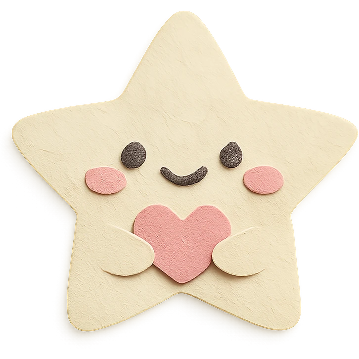 Adorable pastel white star holding a tiny pastel heart, no arms or legs, full body, transparent background, in kawaii paper craft style. emoji