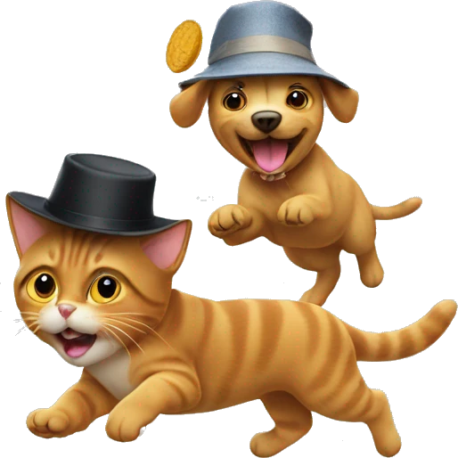 Cat chasing a dog with a hat emoji