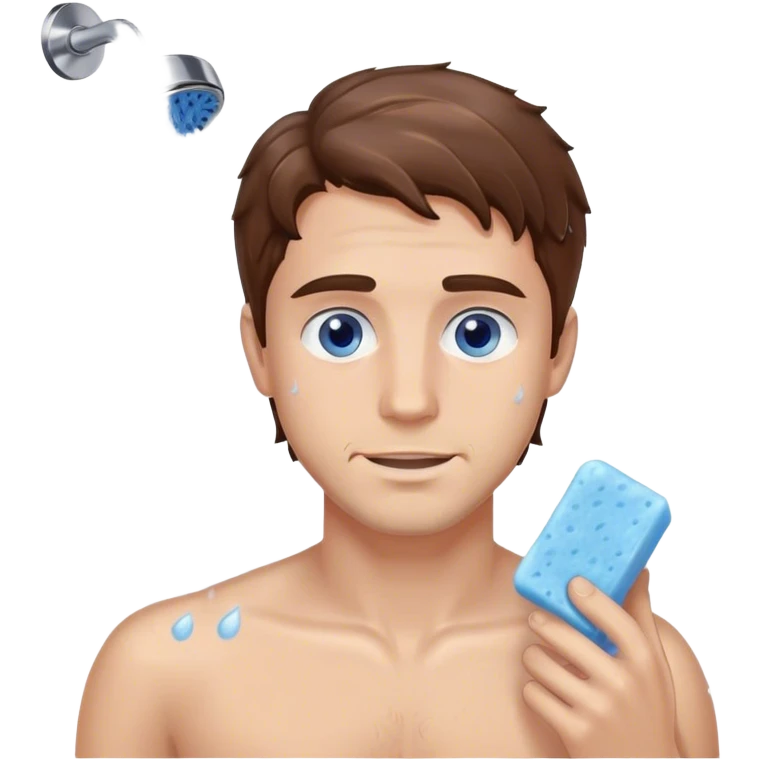 Man in shower scrubbing with soap and medium length wavey brown hair and blue eyes emoji