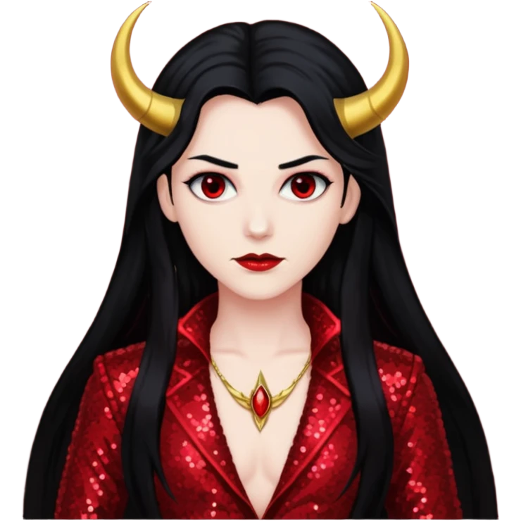 Lucifer with long black hair, dark red sequin outfit emoji