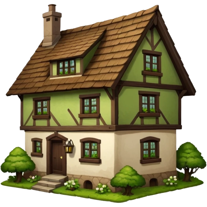 An old half-timbered village house with a tiled roof. The roof is dark brown. Moss, plants emoji