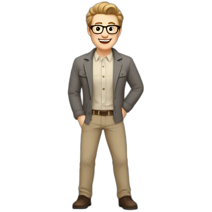 Joyful Pale skinned Fit Man With dark brown hair in gray jacket, beige office shirt, Brown pants and vintage glasses. His thrumbs up emoji