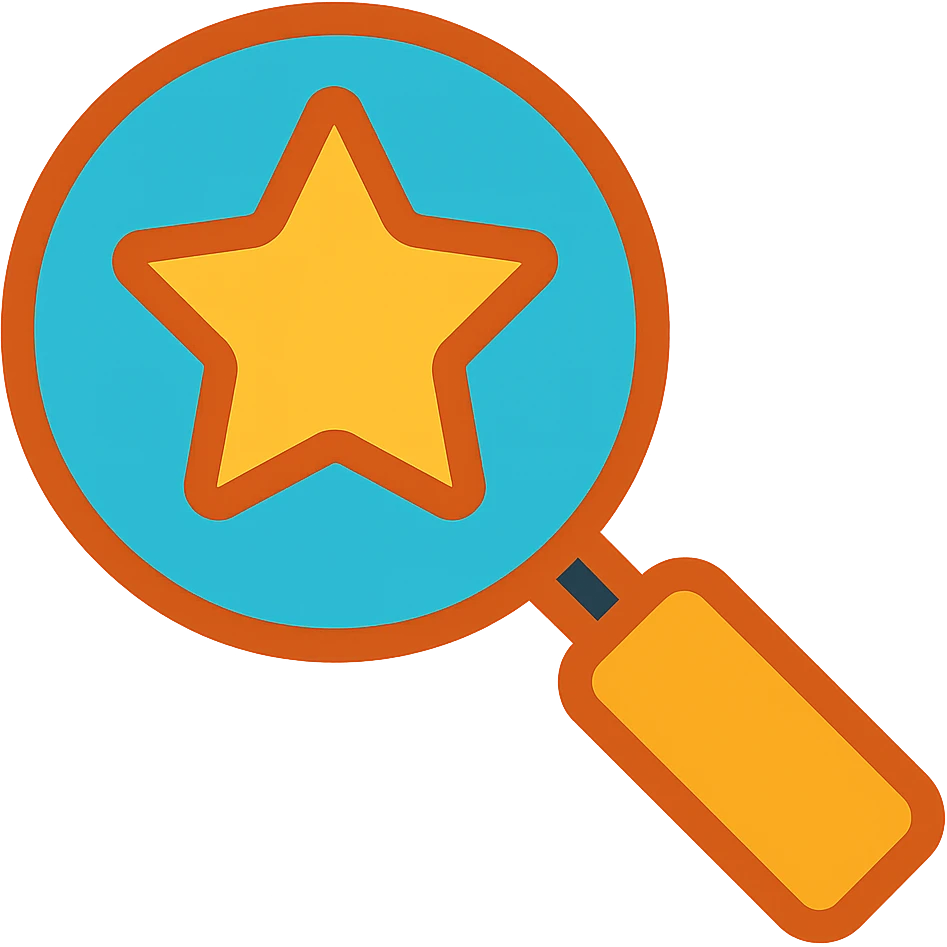Enhance the search icon with a star by adding more vibrant color to the outline while keeping the icon style consistent. Remove the background to isolate the icon. emoji