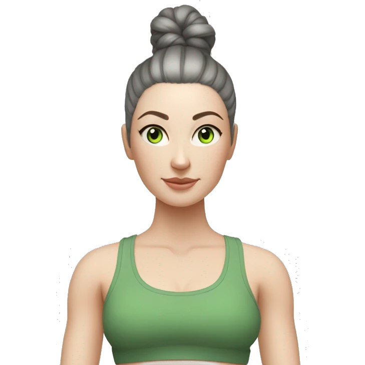 Pale skinned fit woman In a gray tight yoga suit and wristbands With ash black hair in a bun and green eyes doing yoga emoji