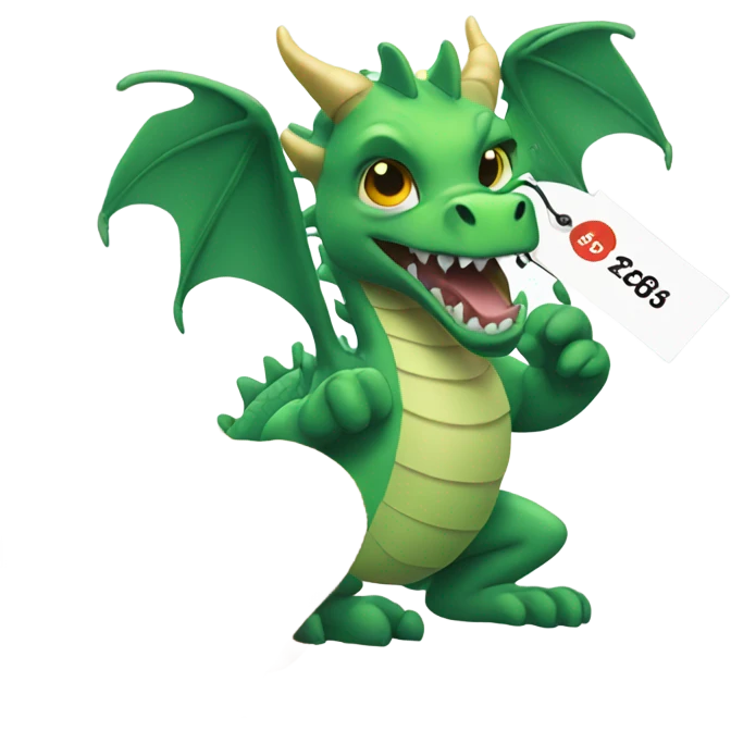 A dragon holding a price tag, symbolizing good prices from China. emoji