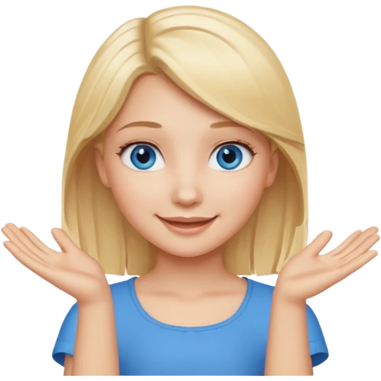 girl with blonde hair and blue eys with heands telling what  emoji