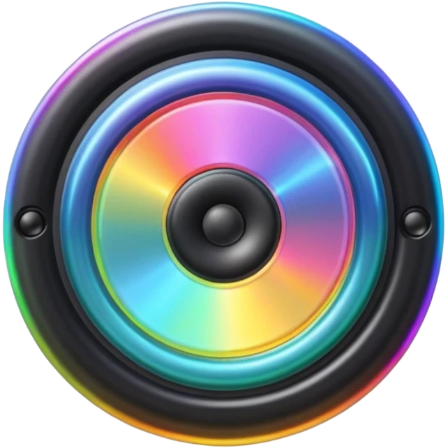 A speaker emoji 🔊 with a smooth CD-like surface that reflects rainbow iridescent colors, glowing RGB light ring around the edge, shiny plastic body, prismatic reflections shifting across the front, soft sparkles and light gleams, holographic sheen, clean simple shape, bright colorful highlights emoji