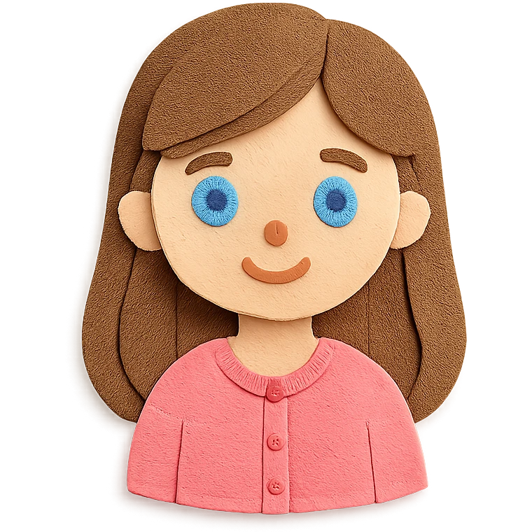 cute girl with long brown hair and blue eyes, wearing a pink cardigan with buttons emoji