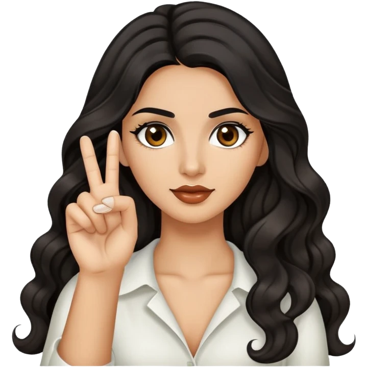 woman with olive skin, brown eyes and long lashes, and long black wavy hair holding up one hand and showing her one middle finger emoji