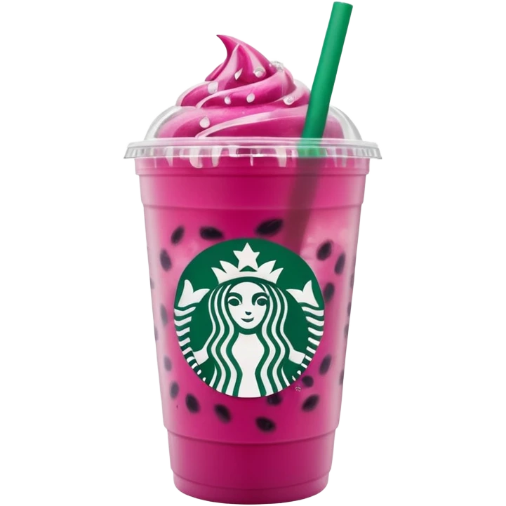 Starbucks dark pink dragonfruit refresher. white opaque lid. starbucks logo. emoji