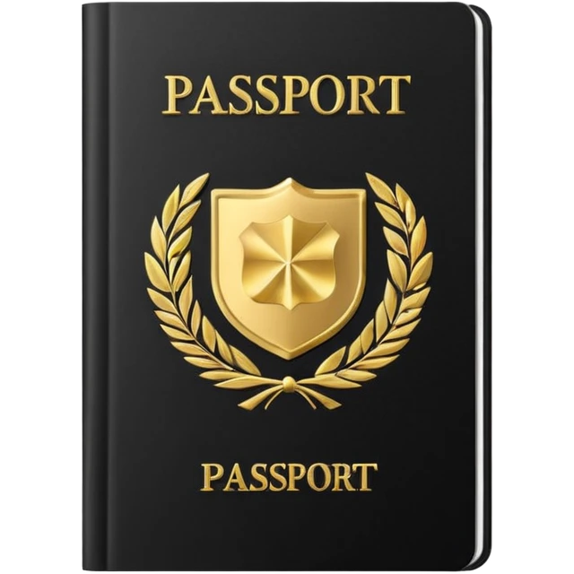 Minimal emoji icon of a black passport, matte cover, simple gold emblem, clean lighting emoji