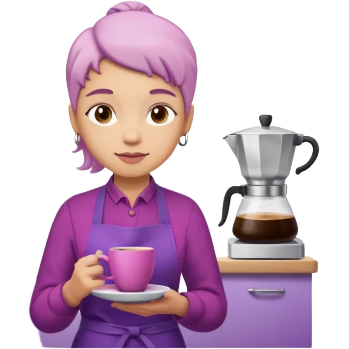 Create 3D minimalist emoji in the style of Coffee Lover — a coffee shop and roastery brand.
Style: cozy, warm.
Colors — purple-pink range.
barista with coffee emoji