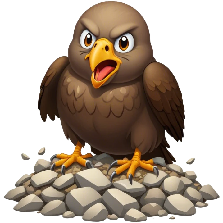 Generate a buzzard with a rock like body and head that is drooling and is very stupid. Make it have an evil look on it's face. Have it flying over a pile of scum.  emoji