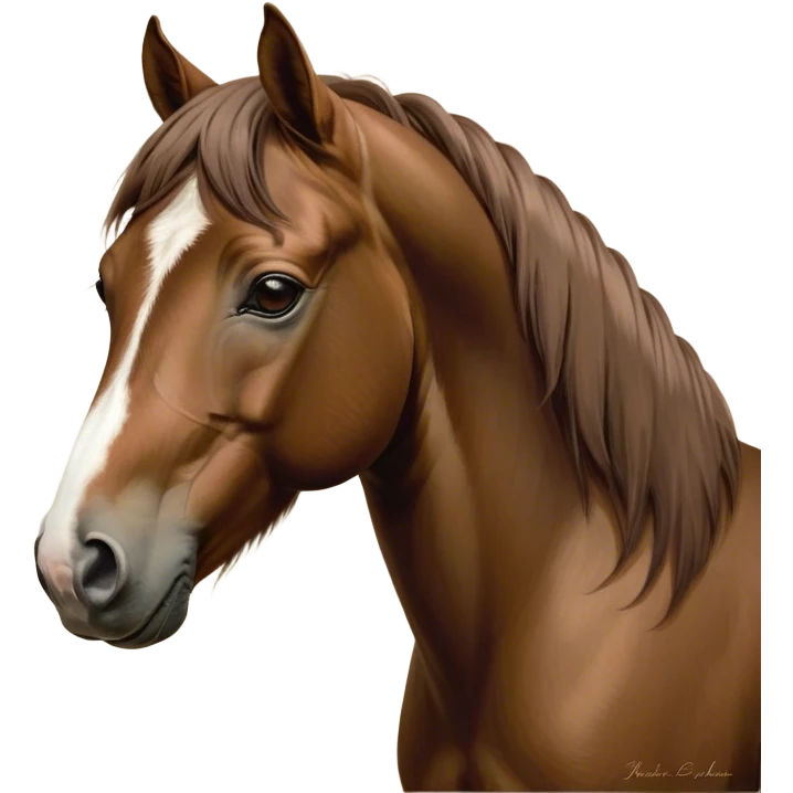 Beautiful and Majestic Brown Welsh Pony Portrait Emoji, Head and body exuding rustic elegance with a rich, glossy brown color and eyes gently closed in serene repose, Simplified yet exquisitely endearing features, highly detailed, glowing with a soft, drowsy earthy light, high shine, relaxed and utterly noble, stylized with an air of pastoral majesty, soft glowing outline, capturing the essence of a beautiful and majestic brown Welsh pony that embodies the timeless charm of the countryside! emoji
