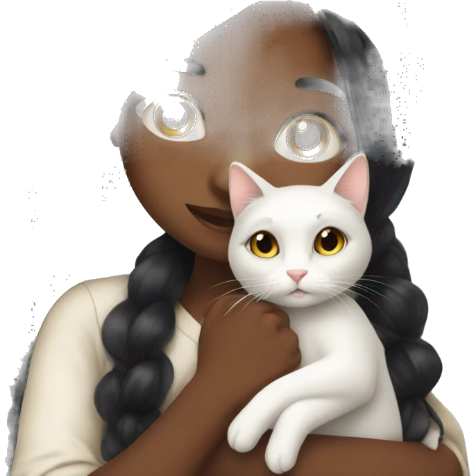 girl with very long black hair and brown skin hugging a white cat emoji