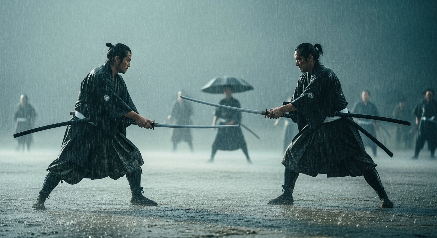 A cinematic scane from 1185, Wide shot of a two japan samurai face to face ready to fight during rain, deph composition, tense atmosphere, captured by by arri alexa, film directed by wes anderson emoji