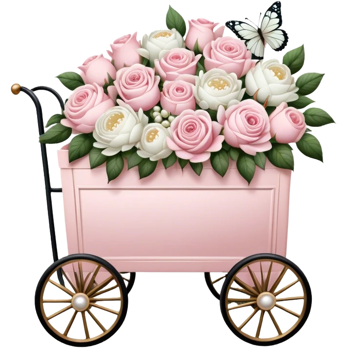 A nostalgic Parisian flower cart, overflowing with freshly picked pale pink roses and white peonies, its golden wheels glistening under the soft glow of lantern light, with pearl butterflies resting on the floral arrangements.
 emoji