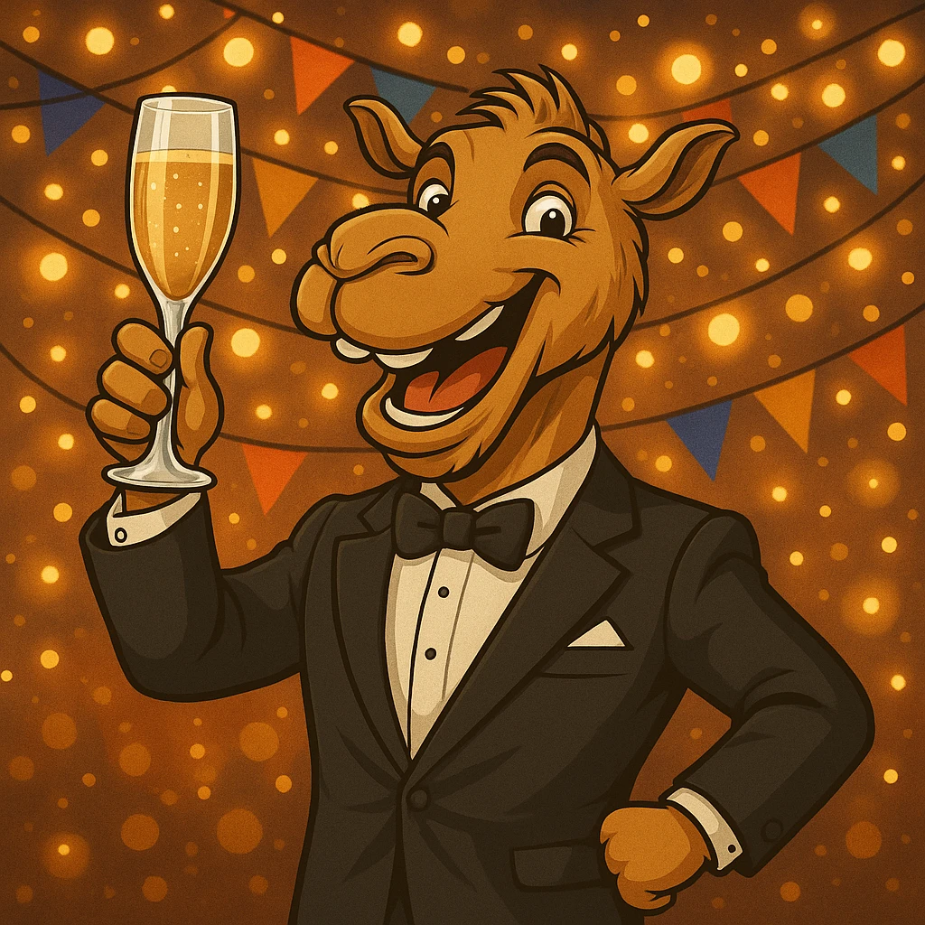 Add a cheerful party background with banners and sparkling lights, keeping the camel in formal attire toasting with champagne as the focus. emoji