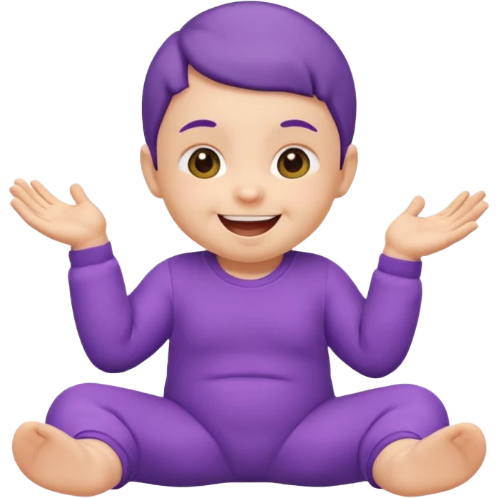 Apple-style emoji of a baby wearing a purple onesie, sitting and laughing joyfully, with hands down. emoji
